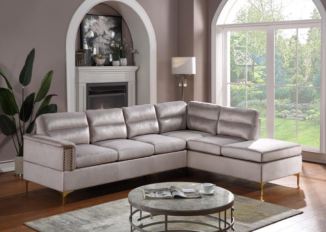 Front view of Vogue Grey Velvet Sectional Sofa with gold metal legs