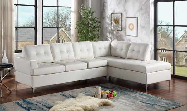 Vintage white faux leather tufted sectional sofa front view