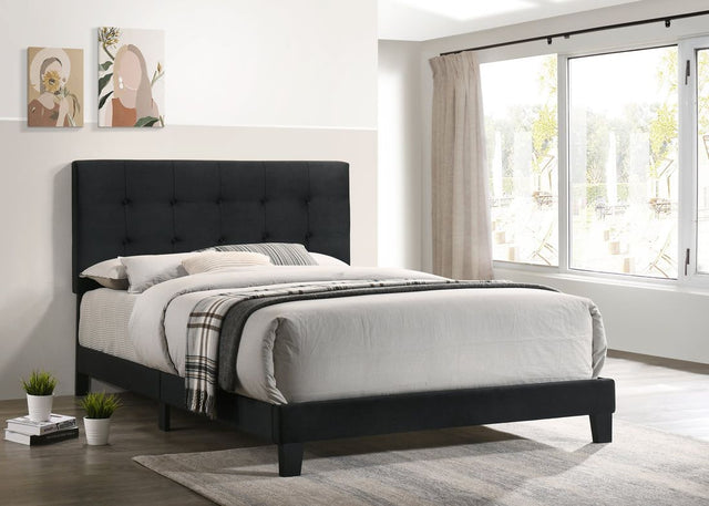 Nini Black Velvet Upholstered Full Platform Bed angled side view
