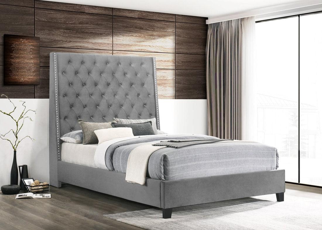 Sanna grey silver velvet upholstered tufted platform queen bed, front angle view