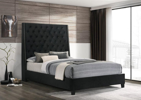 Austin Black Velvet Upholstered Tufted Queen Bed shown from front