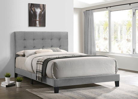 Front view of Uli gray velvet upholstered tufted king platform bed