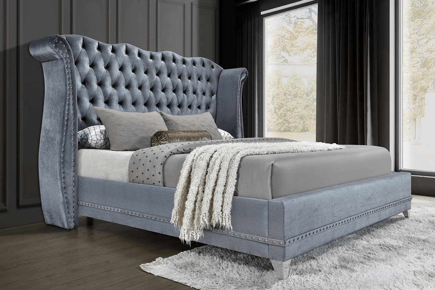 Luxor Grey Contemporary Solid Wood Velvet Upholstered Tufted Diamond Platform Queen Bed - Ella Furniture
