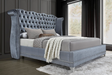 Luxor king platform bed in gray velvet with tufted diamond headboard, side angle
