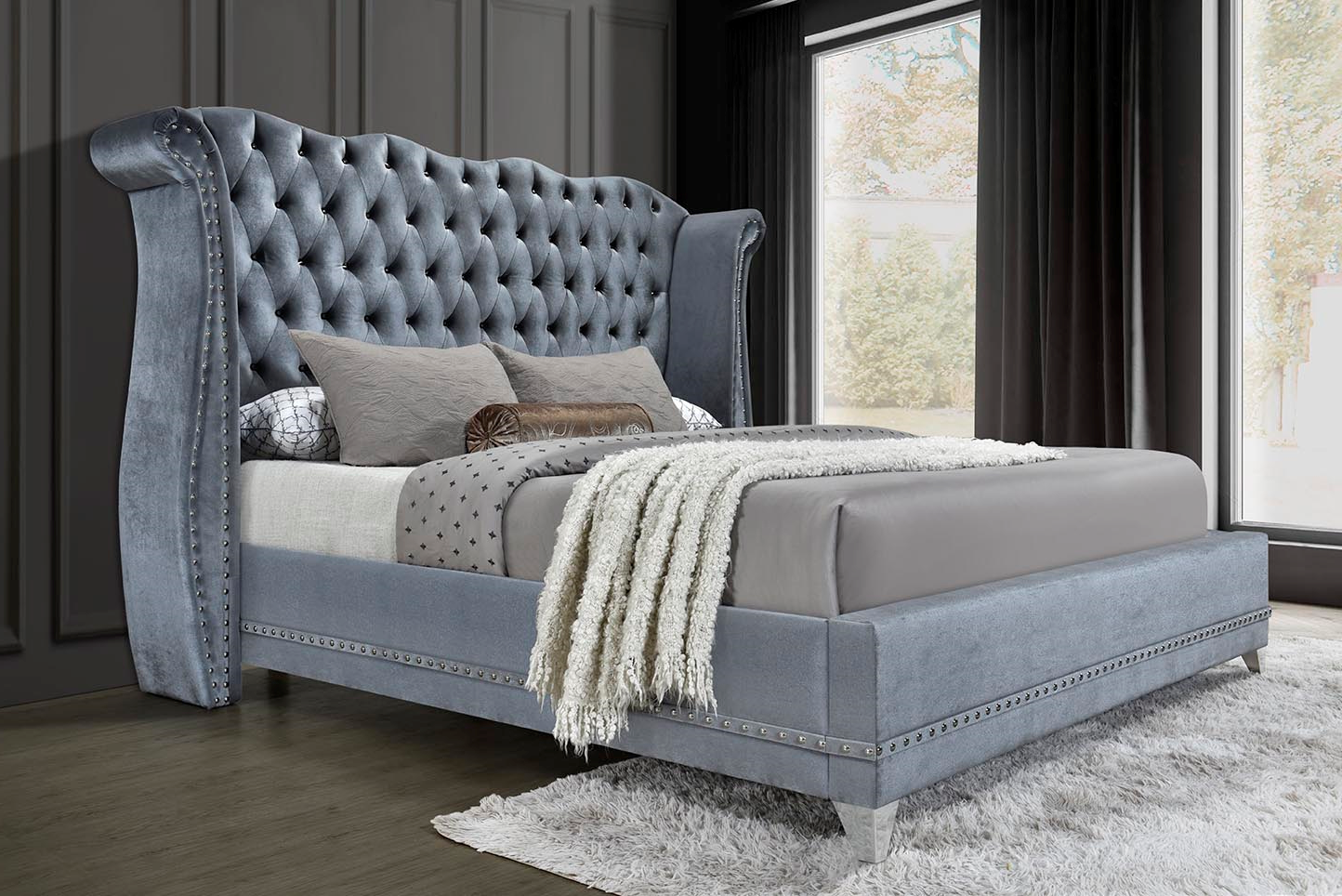 Luxor Gray Velvet Upholstered Tufted Platform King Bed