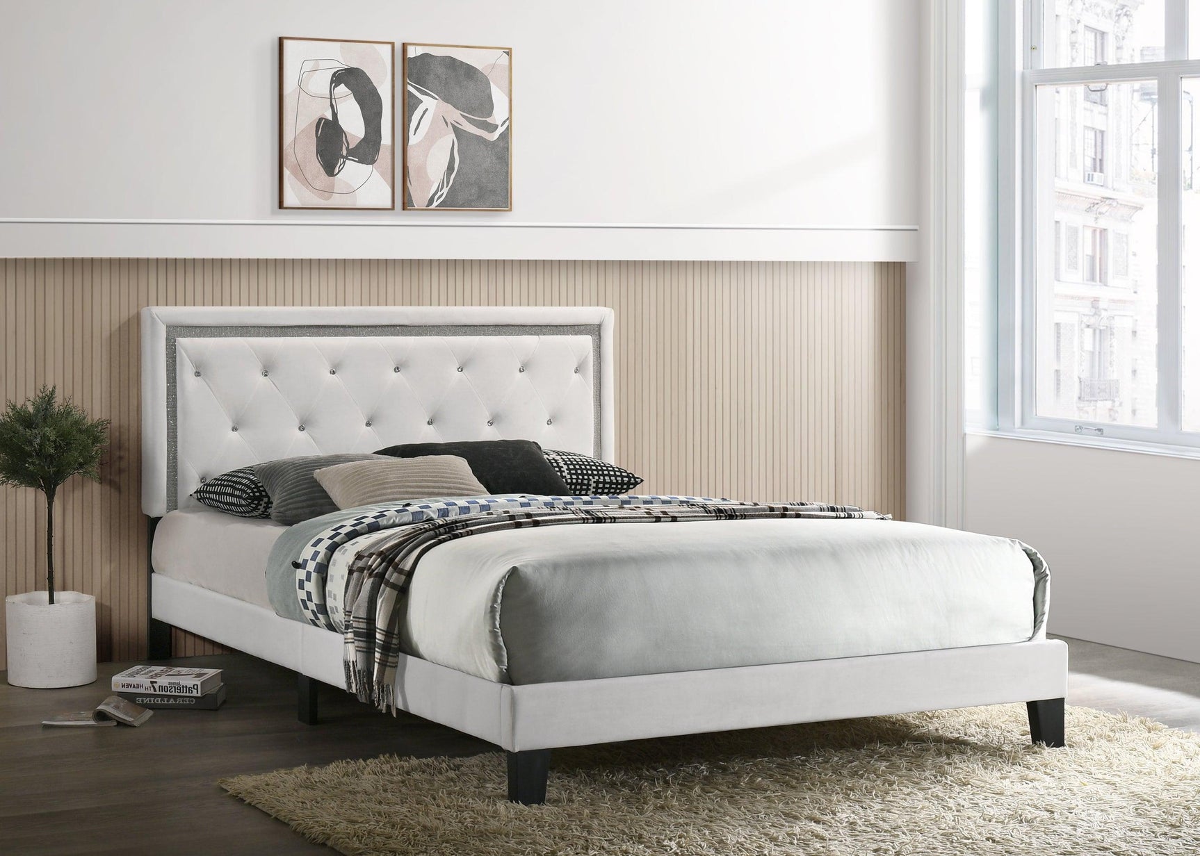 Side angle of Passion White Velvet Upholstered Tufted Platform Twin Bed