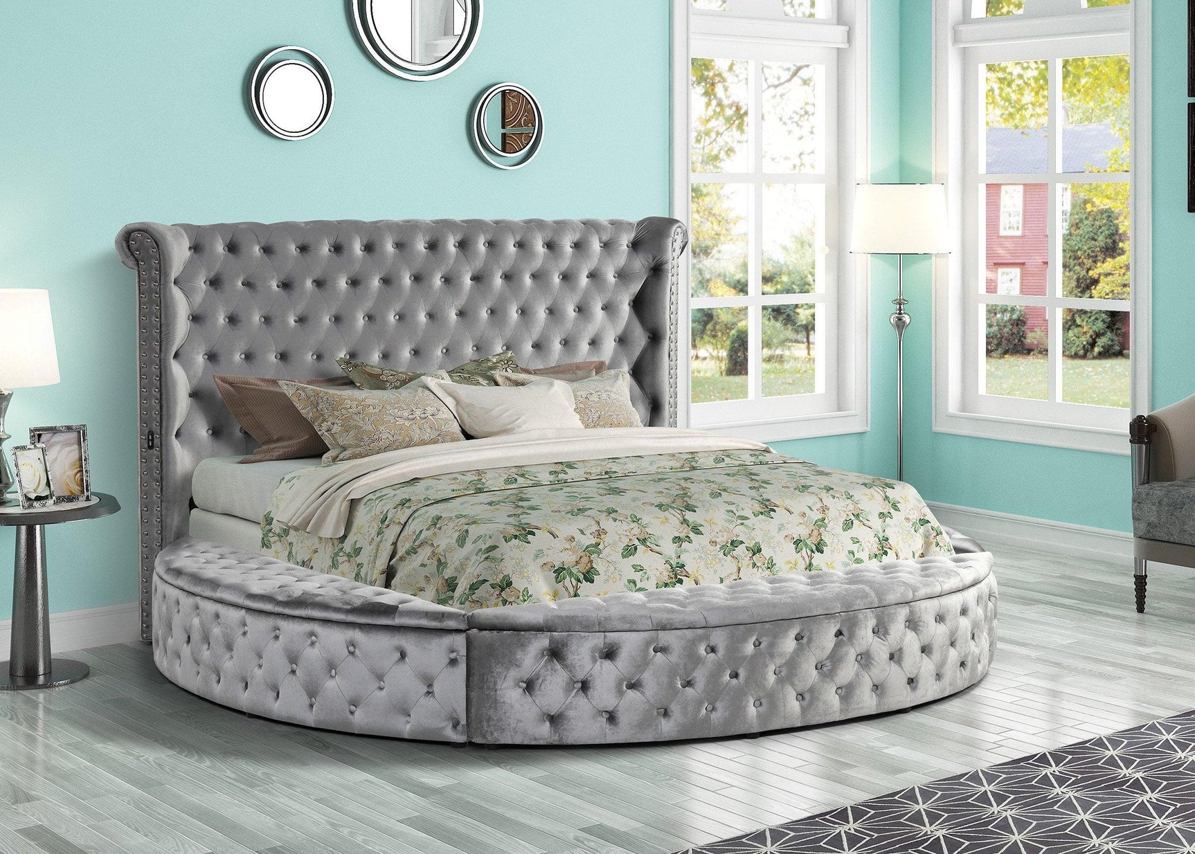 Penthouse Grey Velvet Upholstered Tufted Storage King Bed - side angle showing storage