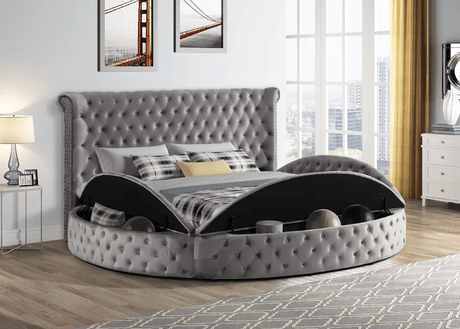 Penthouse Grey Velvet Tufted Queen Bed with Storage front view