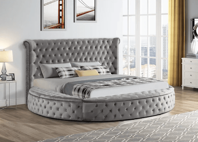 Penthouse Grey Velvet Upholstered Tufted Storage King Bed - front view