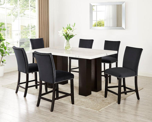 front view of Finley black velvet velvet upholstery marble counter height dining set