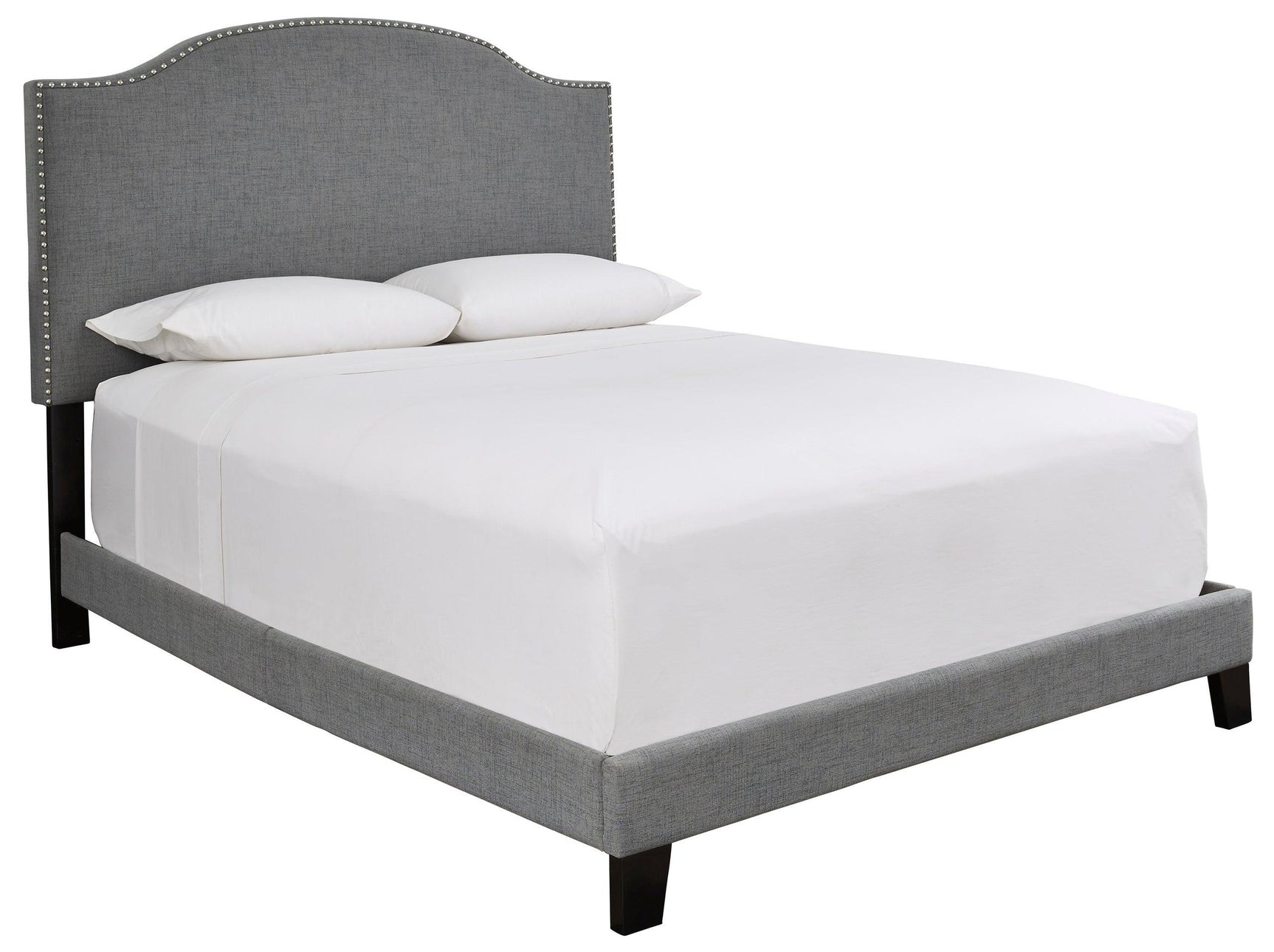 Close-up of Adelloni gray fabric upholstered queen bed headboard