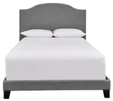 Modern traditional solid wood frame with gray linen upholstery king bed