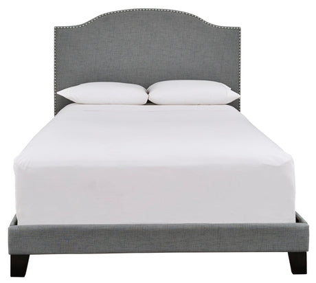 Modern traditional solid wood frame with gray linen upholstery king bed
