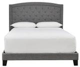 Adelloni King Bed showing platform base and upholstery close-up
