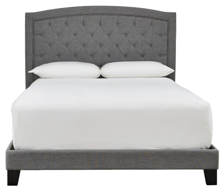 Adelloni King Bed showing platform base and upholstery close-up