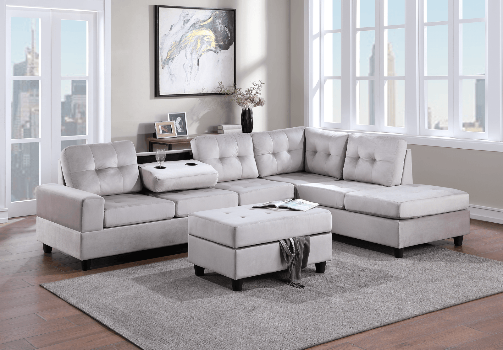 main view of Heights Silver Velvet Tufted Reversible Sectional Storage Ottoman Set sectional sofa