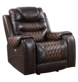 Close-up of Harley brown leather power recliner with USB port