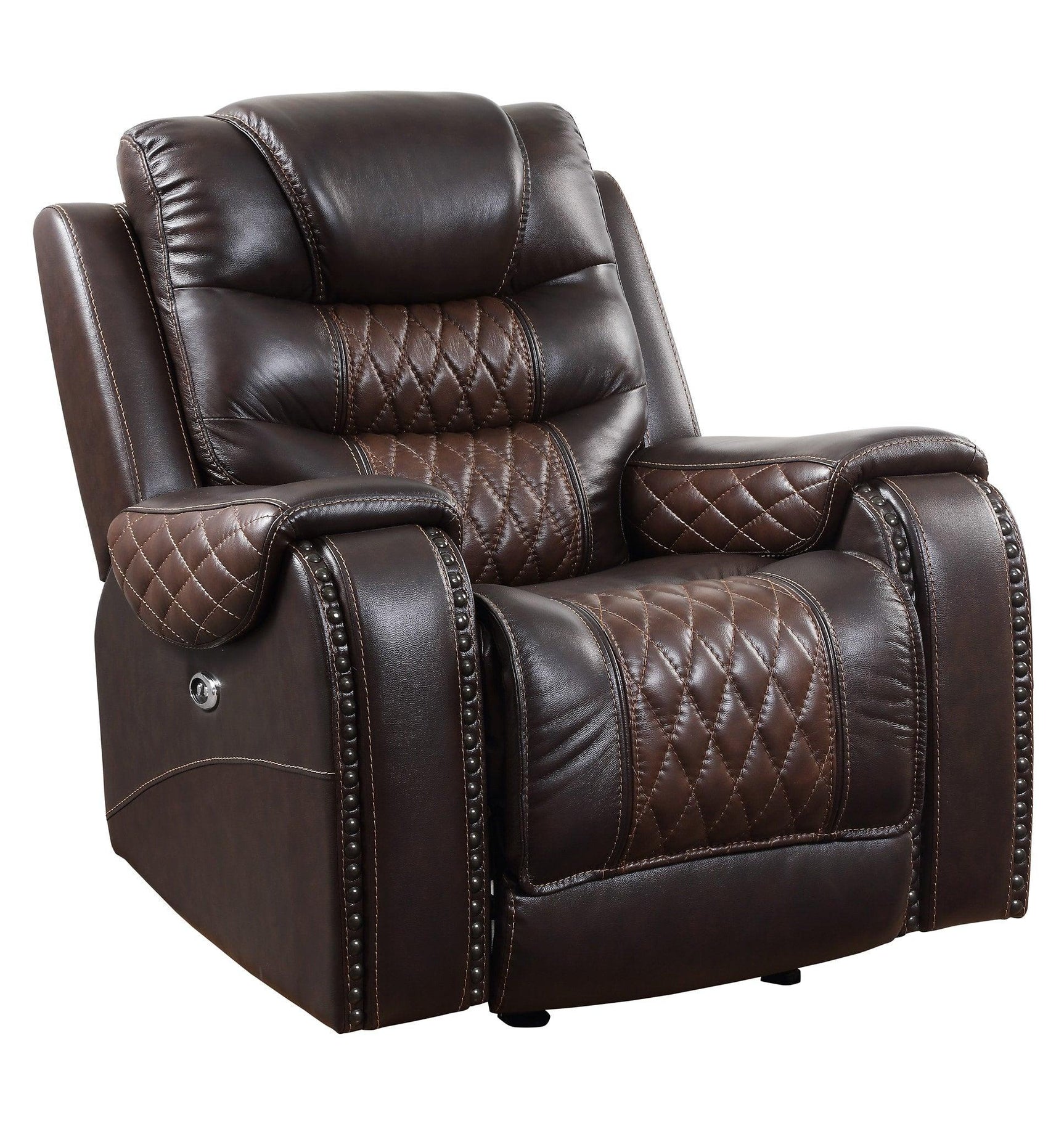 Close-up of Harley brown leather power recliner with USB port