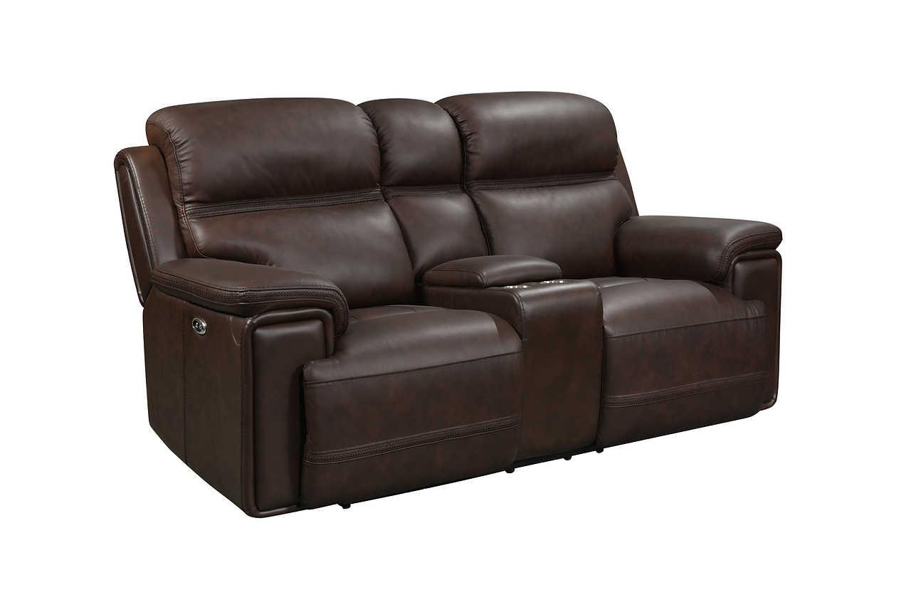 Side view of El Paso reclining sofa showing dark brown leather match upholstery