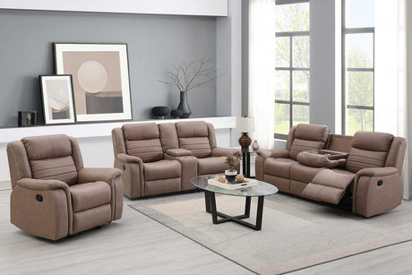 Max Tan reclining sofa set front view in tan microfiber