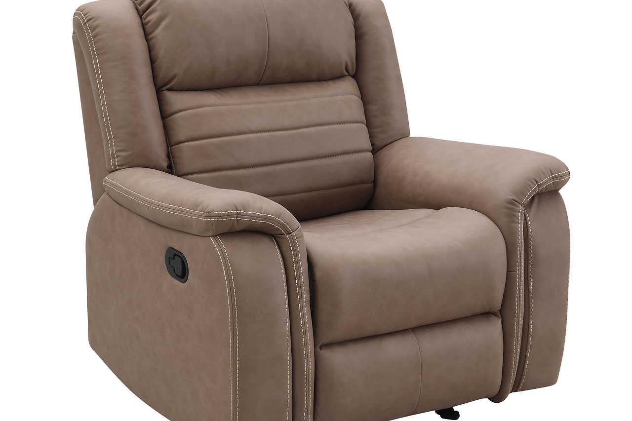 Close-up of tan microfiber upholstery on Max reclining sofa