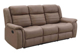 Detailed armrest view of Max tan reclining sofa