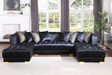 Side angle of Dasha Black Velvet Sectional Sofa showing gold legs