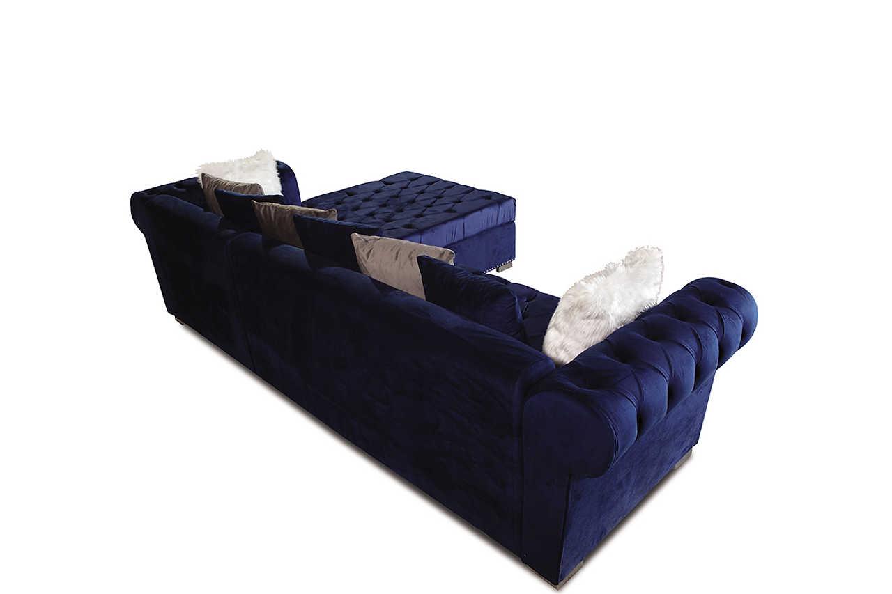 Living room view with Milan Blue Sectional sofa