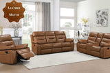 Dallas Camel reclining sofa front view with drop-down table