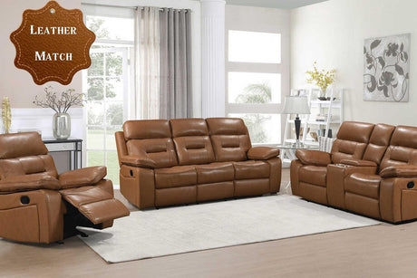 Dallas Camel reclining sofa front view with drop-down table