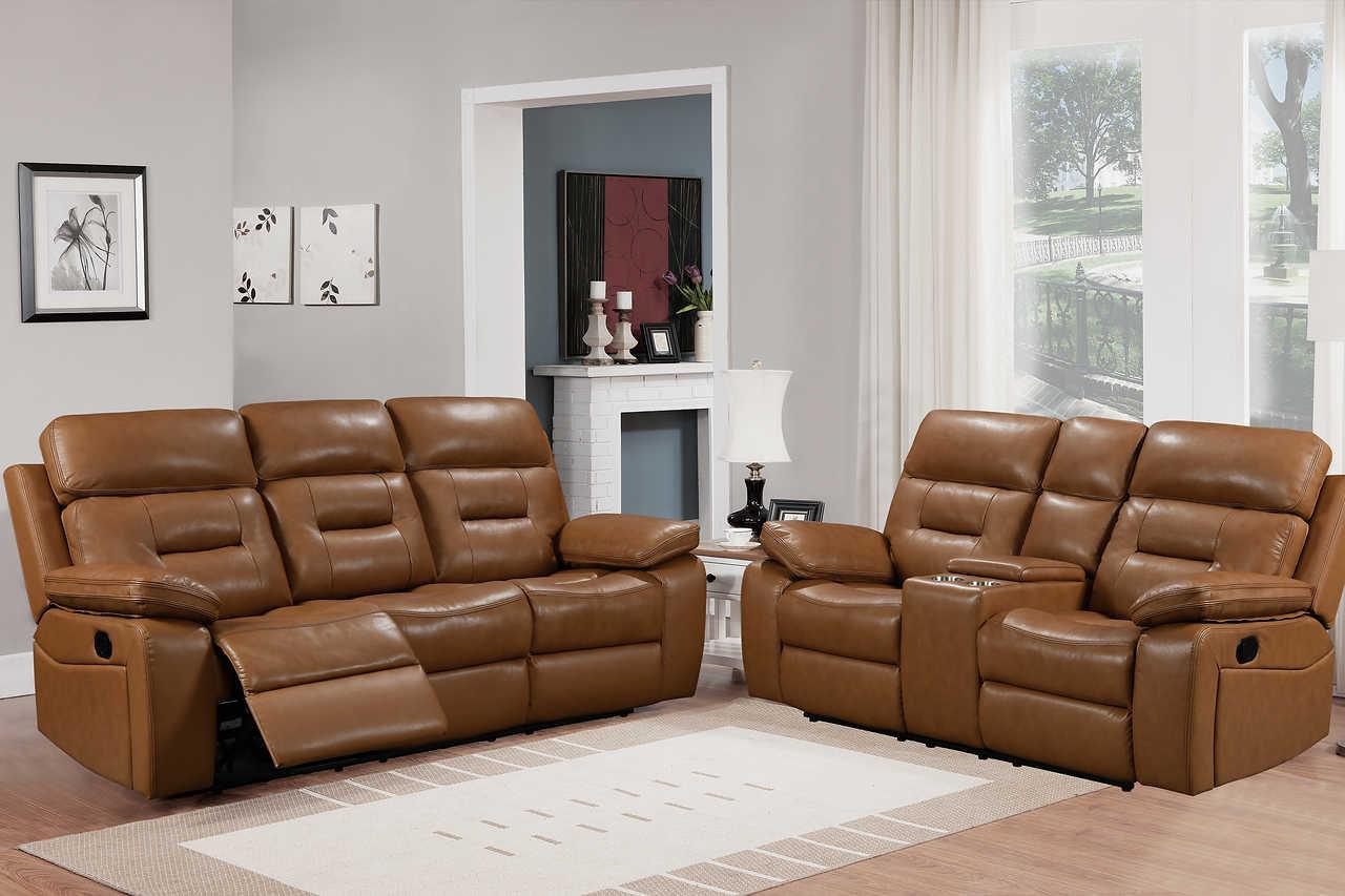 Side view of Dallas Camel reclining sofa in leather match upholstery