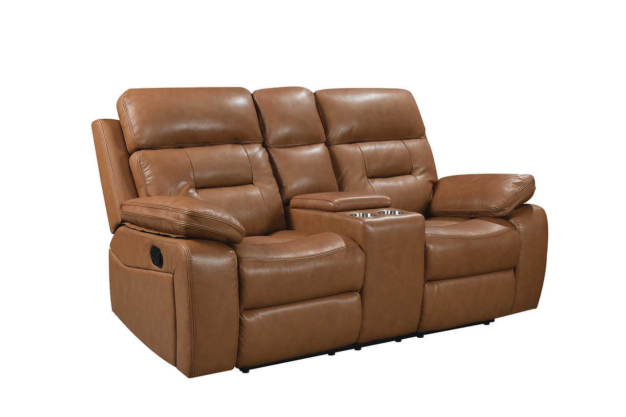 Top angle of Dallas Camel reclining sofa and loveseat set