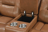 Dallas Camel reclining sofa and loveseat showing cupholders