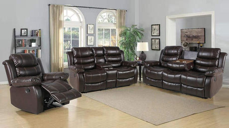 Isabel reclining dark brown sofa and loveseat set front view
