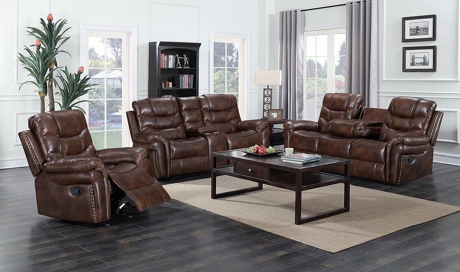Sara brown 3-piece reclining sofa set including sofa, loveseat, and recliner with plush cushions