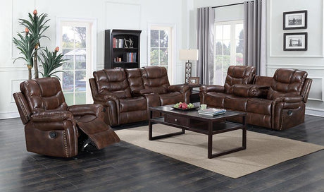Sara brown 3-piece reclining sofa set including sofa, loveseat, and recliner with plush cushions