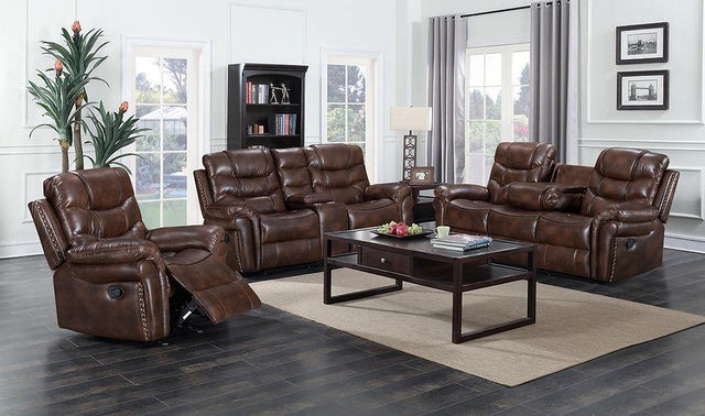 Sara brown 3-piece reclining sofa set including sofa, loveseat, and recliner with plush cushions