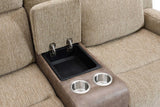 Wilbert brown sofa showing wireless charger and cupholder