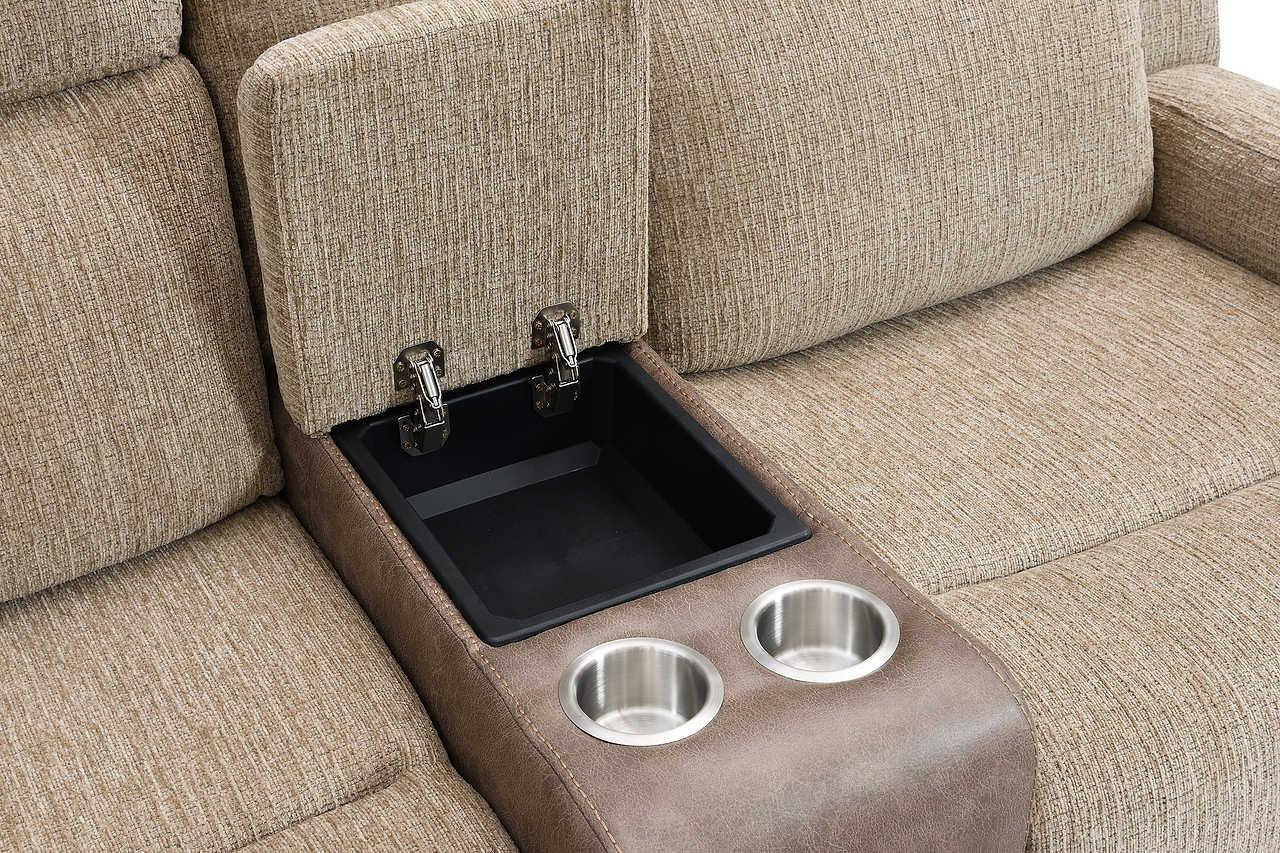 Wilbert brown sofa showing wireless charger and cupholder