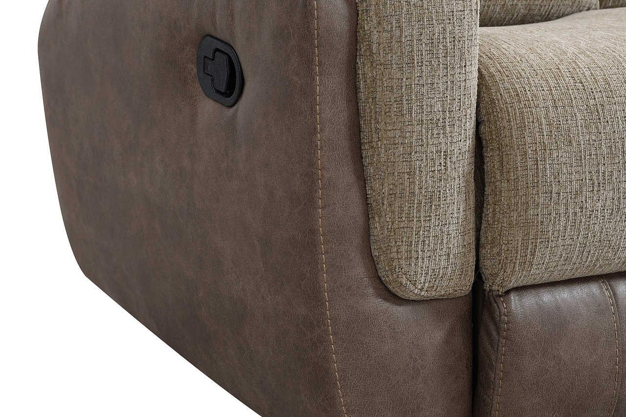 Close-up of loveseat armrest with cupholder and console