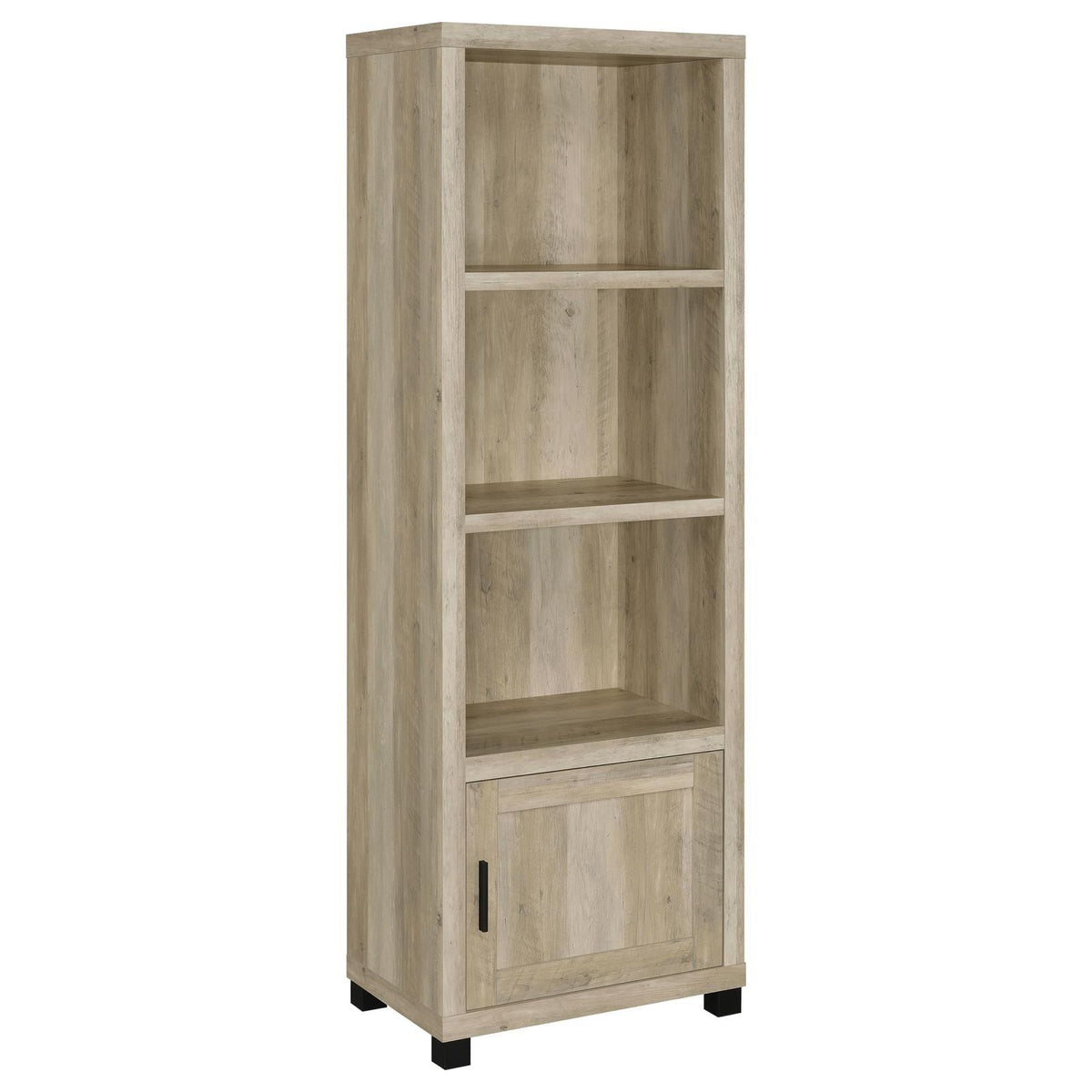 Front view of Sachin 3-Shelf Media Tower in antique pine finish