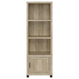 Three fixed shelves with items arranged, antique pine media tower