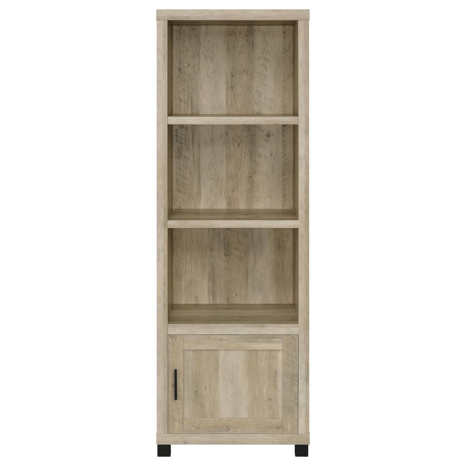 Three fixed shelves with items arranged, antique pine media tower