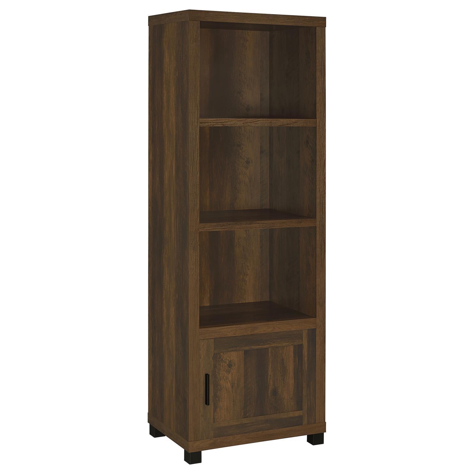 Sachin 3-Shelf Media Tower with Storage Cabinet in Dark Pine – angled view