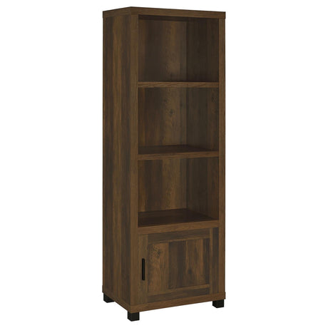 Sachin 3-Shelf Media Tower with Storage Cabinet in Dark Pine – angled view
