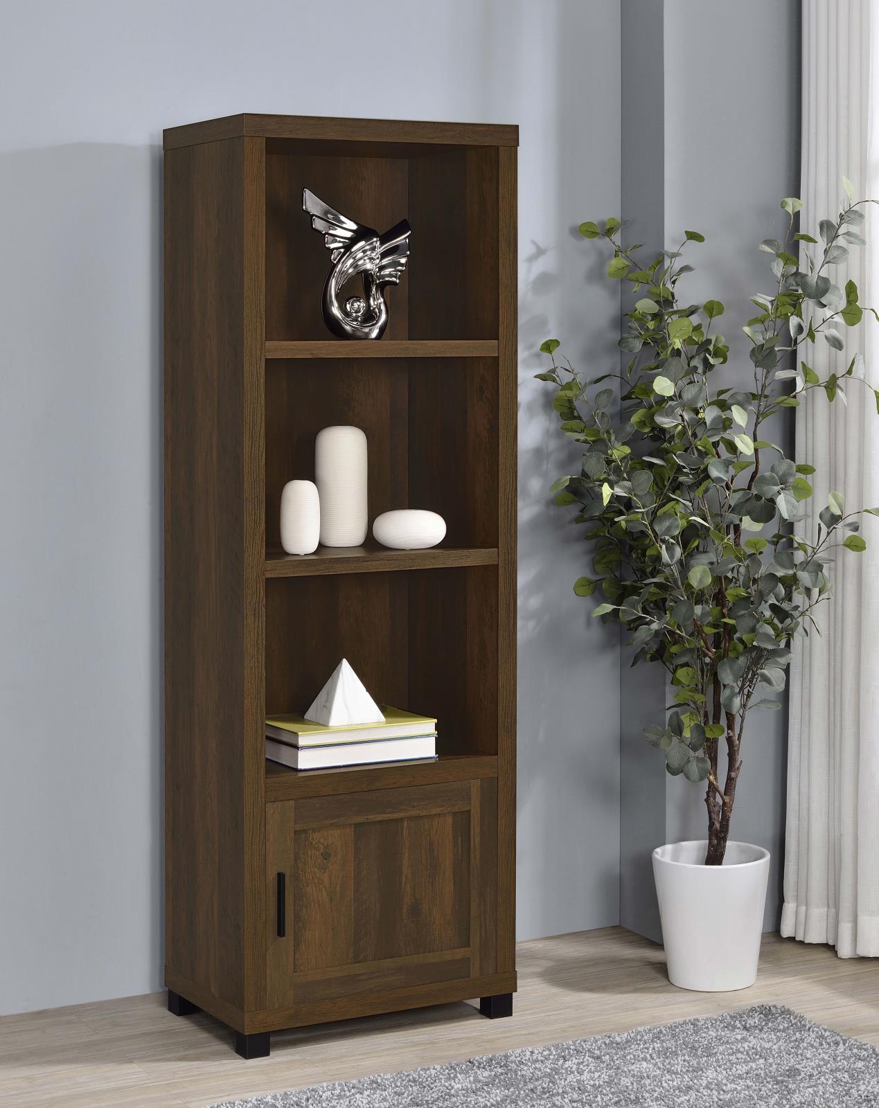 Sachin media tower dark pine showing fixed shelves and door