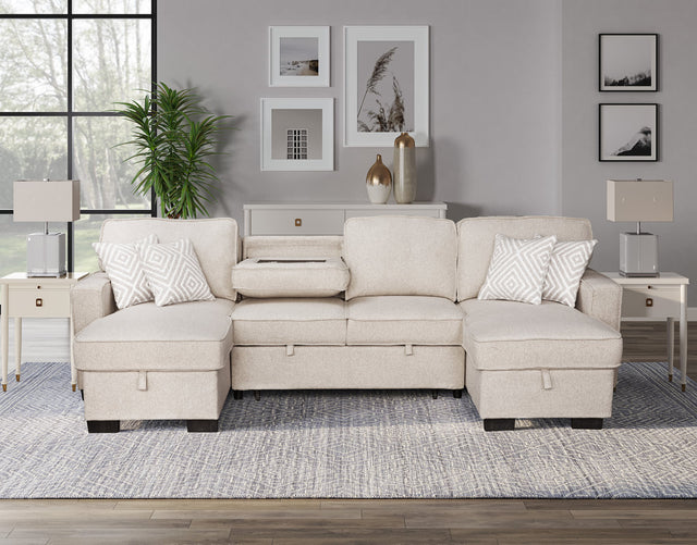 main view of Sahara Beige Double Storage Chaise Sectional w Drop Down Cupholders sectional sofa