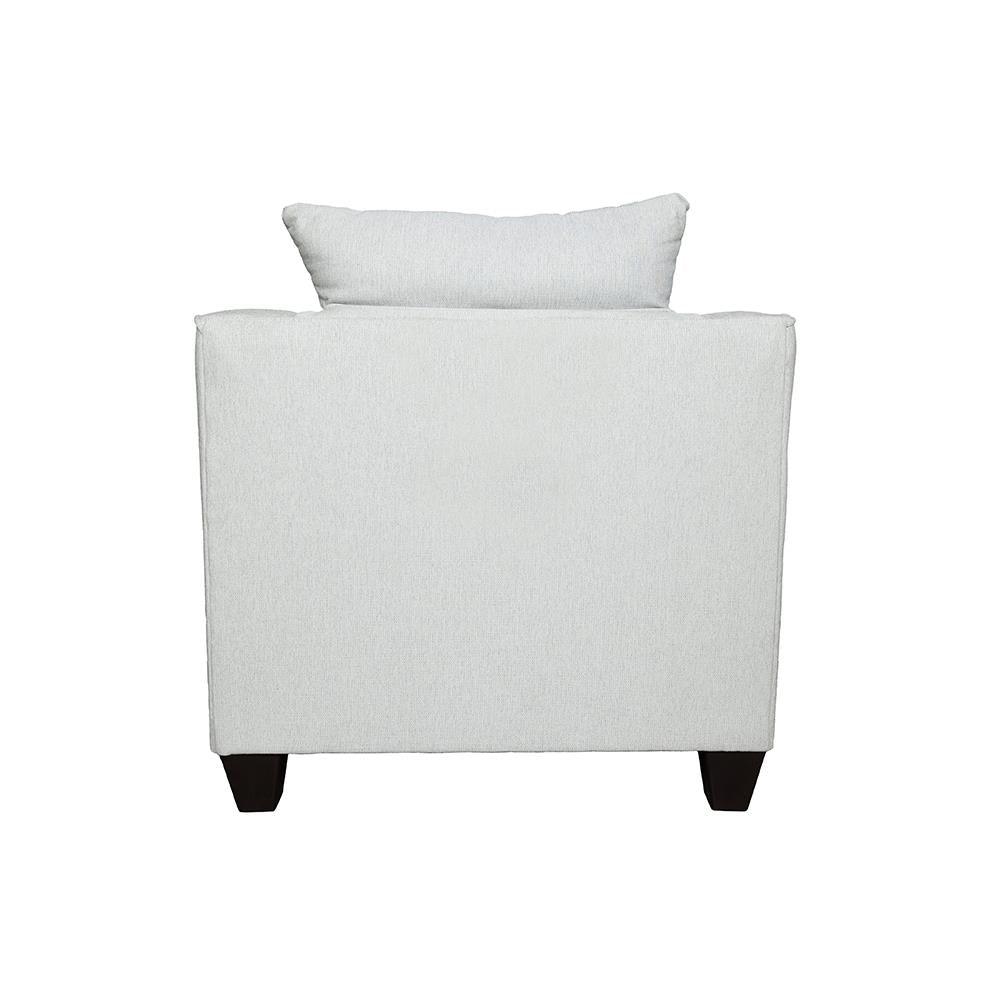 Detail of fabric and plastic feet on Salizar accent chair