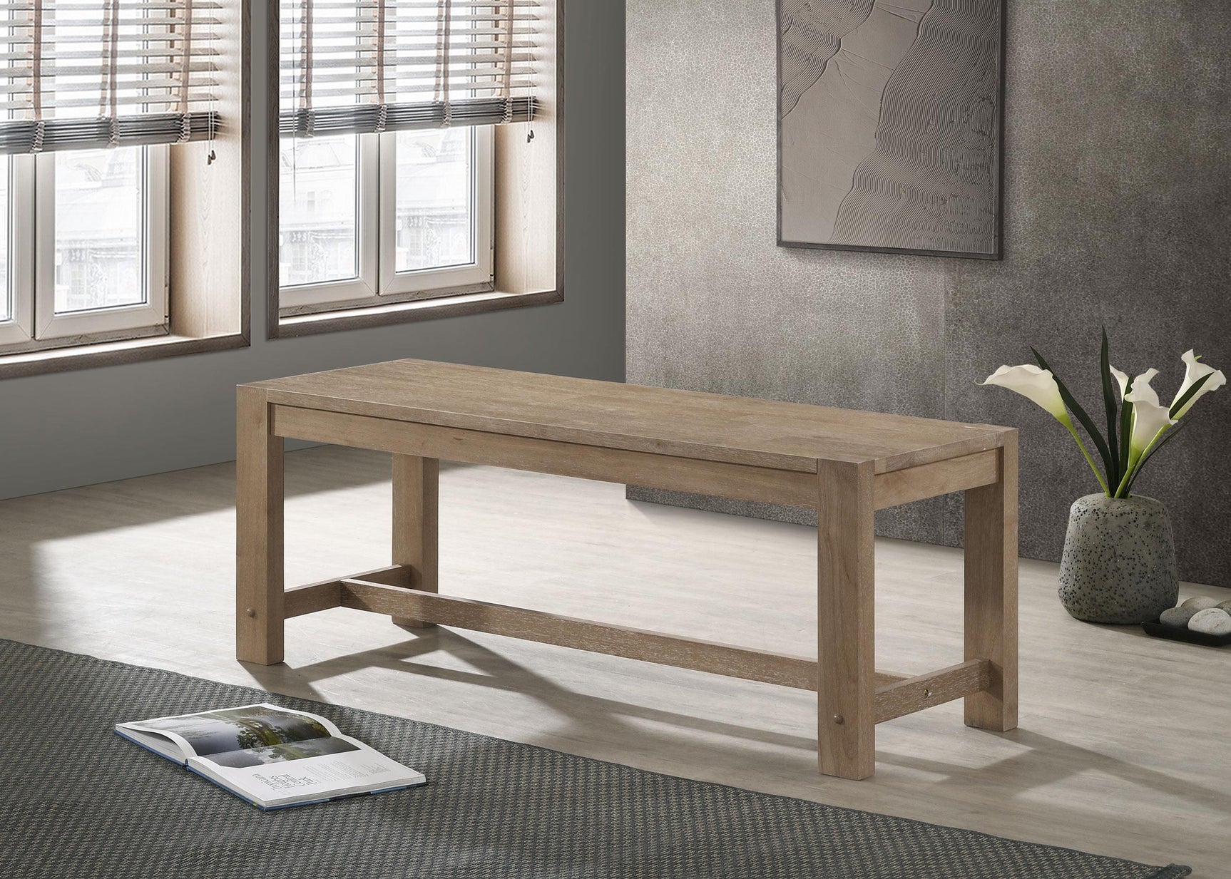 Scottsdale Wood Trestle Base Dining Bench side view washed brown