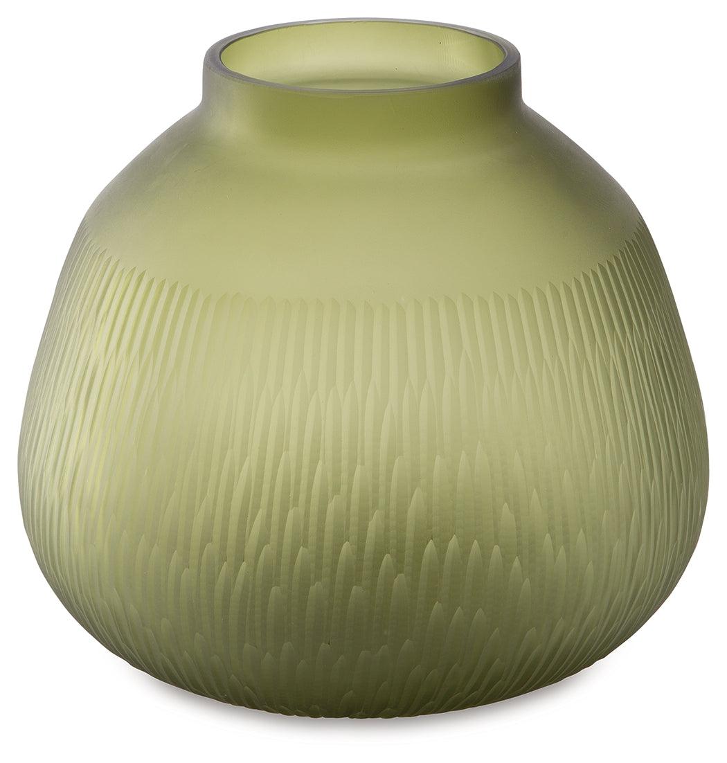 Scottyard Olive Green Vase - side angle showing round shape